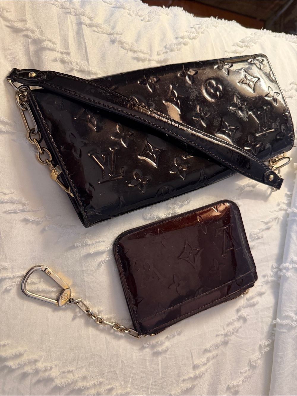Louis Vuitton Vernis Patent Leather Mini Wristlet in Deep Plum and clutch wallet